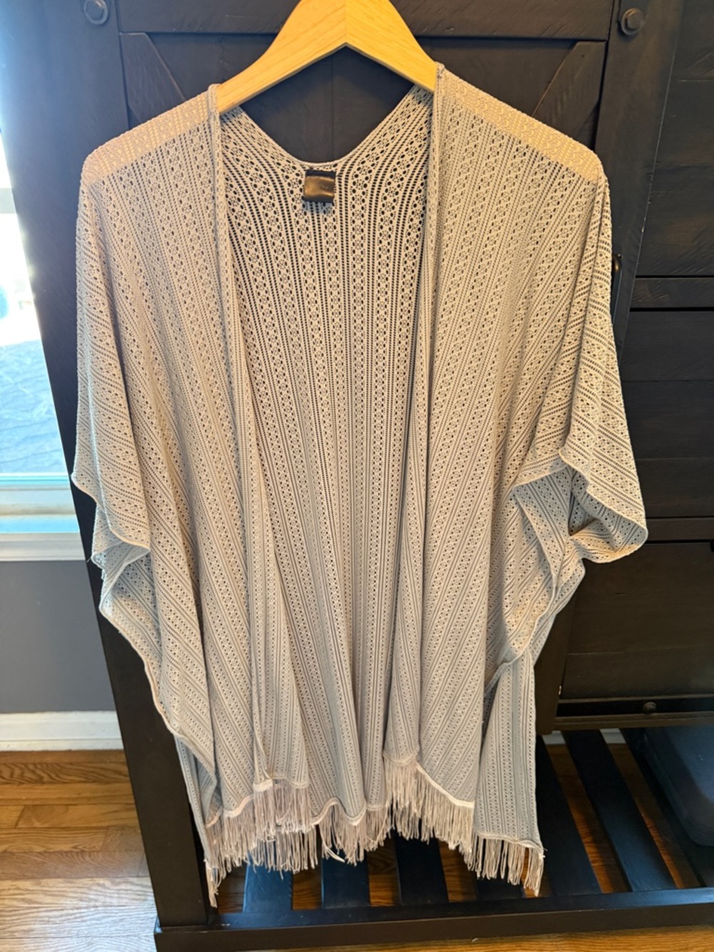 Lightweight Crochet Fringe Kimono Cardigan - Pale Gray